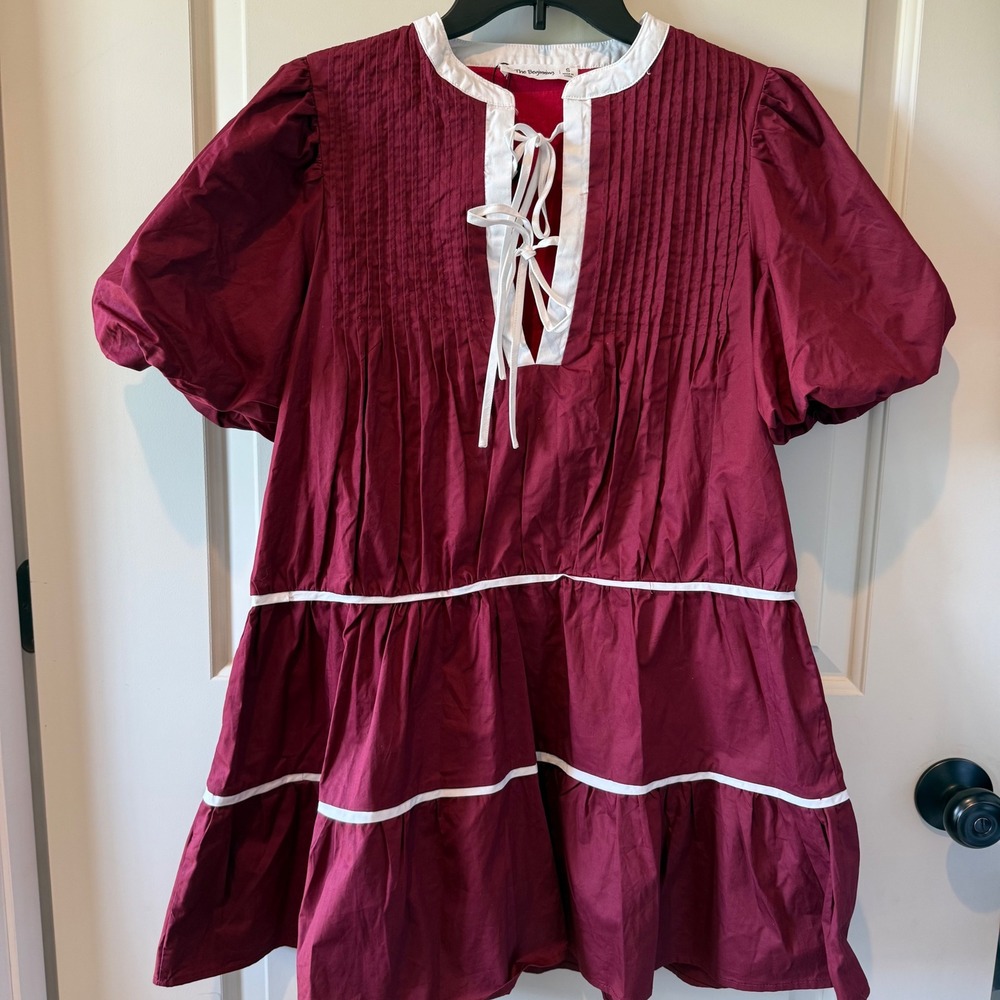 NWT In The Beginning Burgundy Mini Dress White Trim Puff Sleeve Tie Neck S